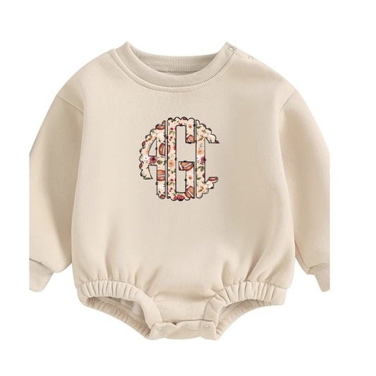 Girls Fall Floral football initial sweatshirt bubble