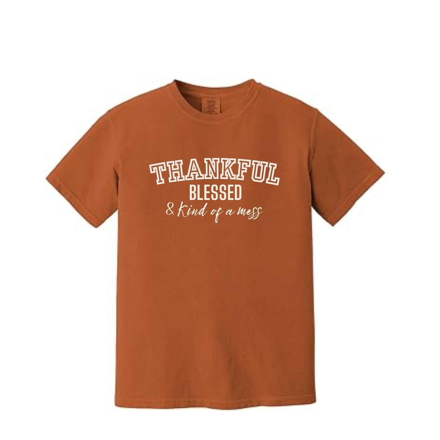 Thankful Blessed and kind of a mess tee- Cream wording